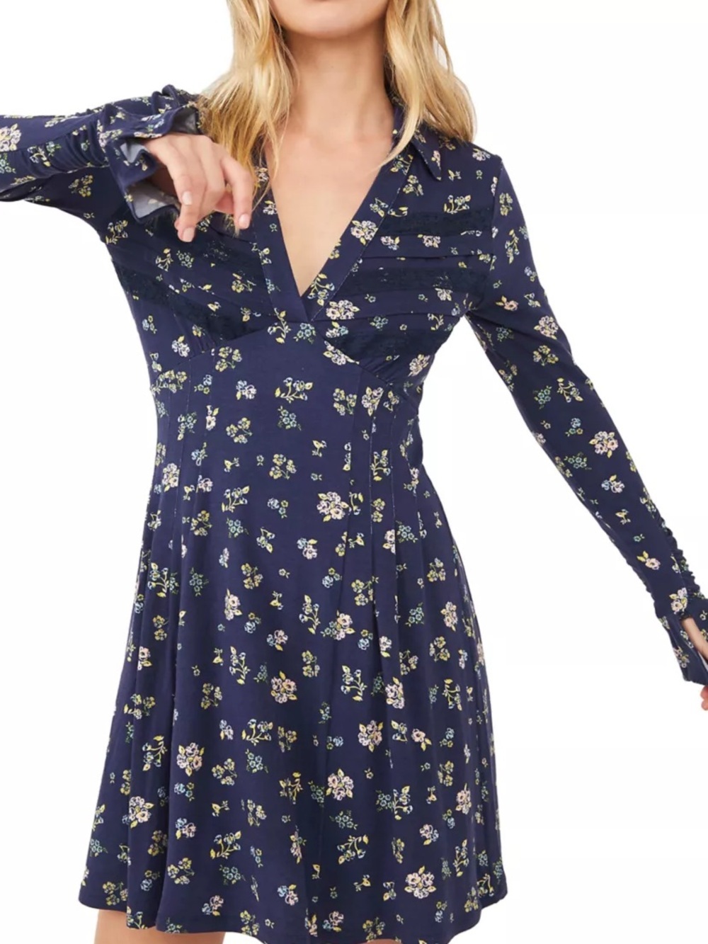 Free People Navy Floral Long-Sleeve Wrap Dress